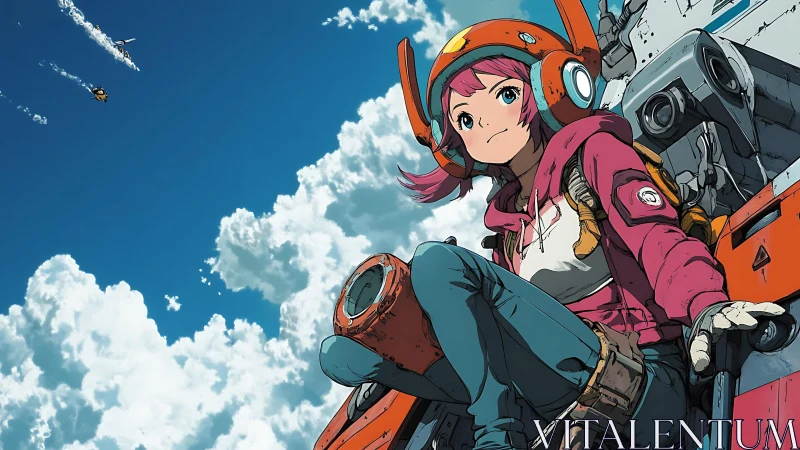 Sky pilot girl leans into the wind atop her orange mech
