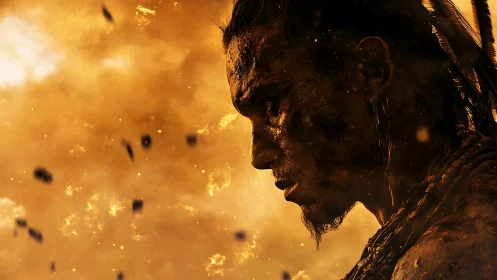 Warrior wrapped in firelight, lost in focused resolve.