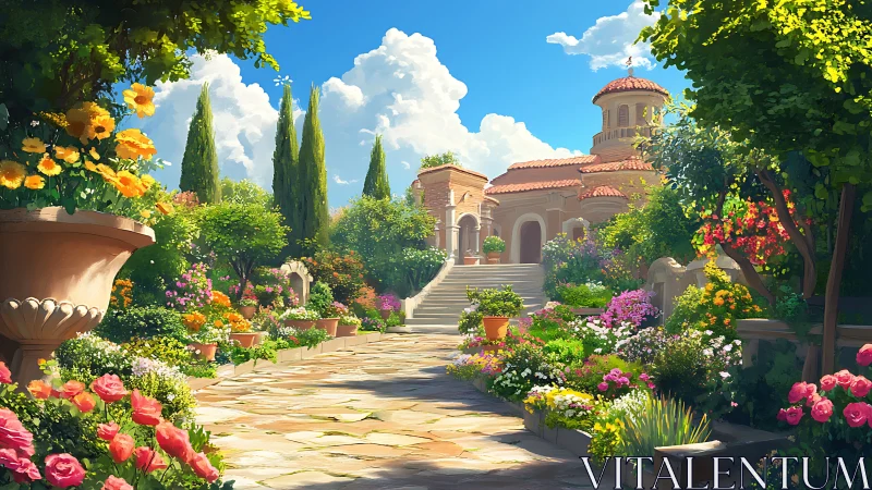Mediterranean villa garden rendered in luminous digital painting
