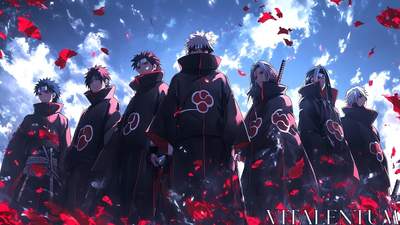 Dark cloaked anime squad under bright sky with red petals.