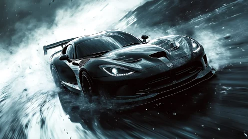Midnight supercar drifting through stormy water spray.