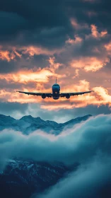 Commercial jet front view over clouded mountain range at dusk.
