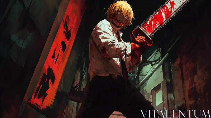 Chainsaw warrior stands fierce in a neon soaked alley