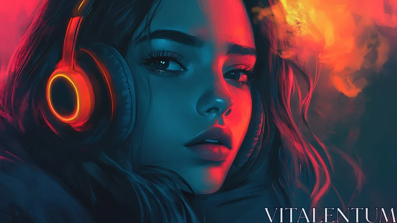 Neon lit girl with headphones listens in glowing blue haze