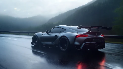 Widebody sports car on wet mountain highway in rainstorm.