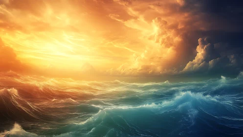Dramatic ocean waves under vivid golden storm sky.