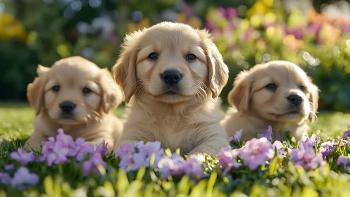 Golden puppies lounging among spring garden blooms.