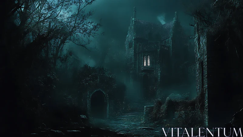 Gothic hilltop manor in nocturnal fog with illuminated window