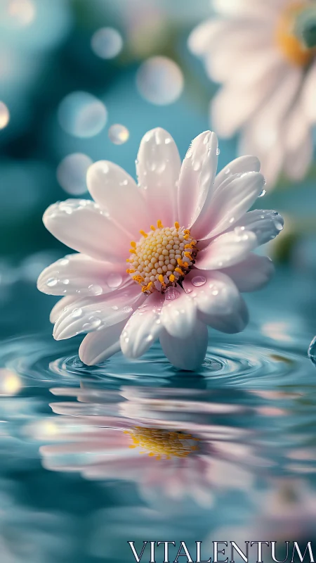 Dewlit pastel daisy floating on teal rippled water surface.