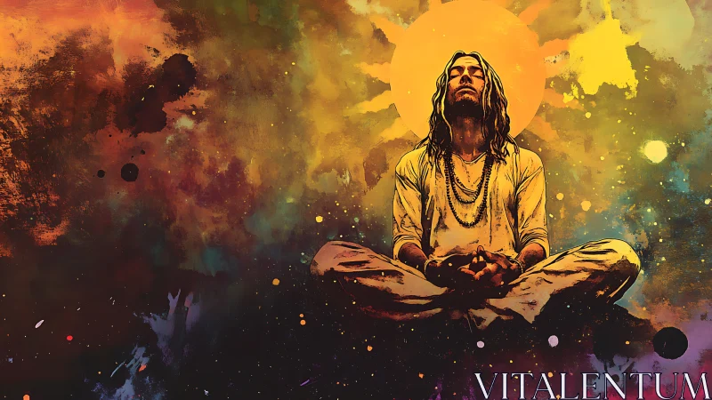 Meditating figure under radiant sun in cosmic color field.