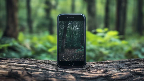 Black Smartphone Displaying Forest Interior on Log Setting.