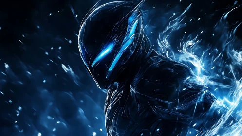 Armored humanoid figure with blue luminous accents in motion.