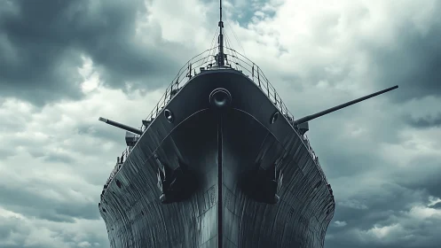 Forward bow view of armored naval warship under storm clouds