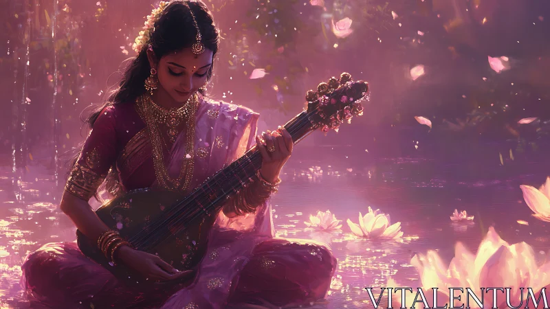 Lotus lagoon serenade with golden strings and twilight grace.