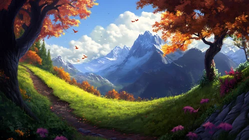 Digital painting of alpine path framed by luminous autumn trees.