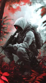 Ghost-white ranger crouches in bloodlit cyber jungle fog