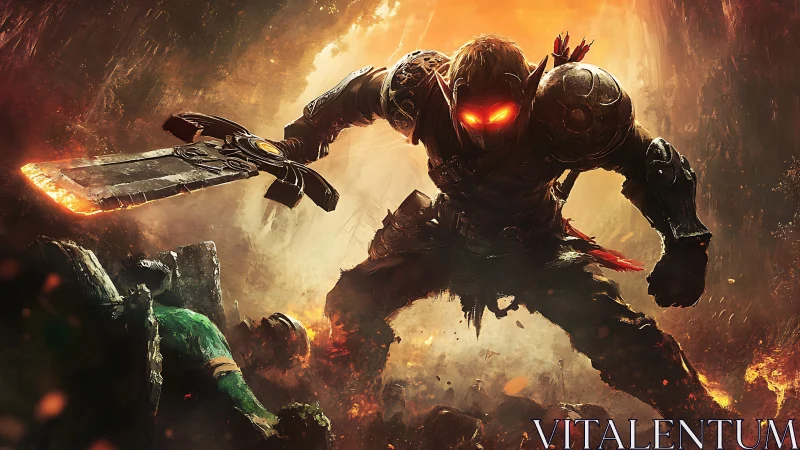 Flaming sword warrior charging through infernal battlefield.