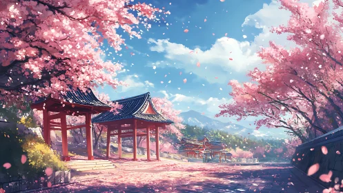Cherry blossom shrine path under radiant spring sky.