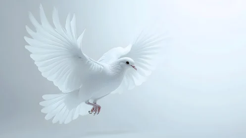 Elegant white dove in flight against a soft minimalist background.