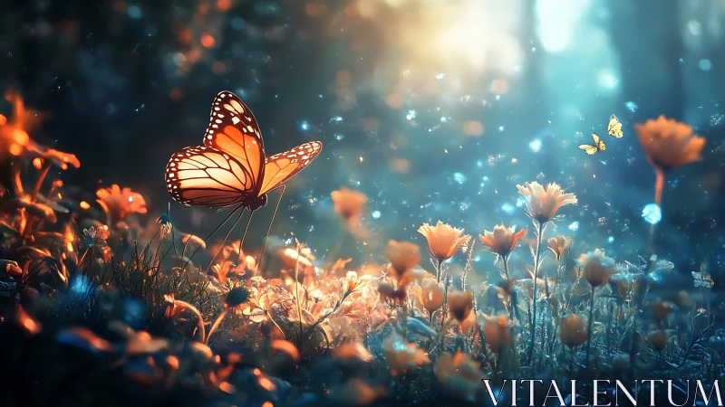 Twilight meadow hums while firelit butterflies test the dusk