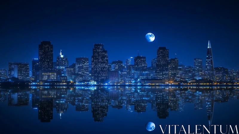 Nocturnal skyline renders dense high-rise grid with lunar reflection