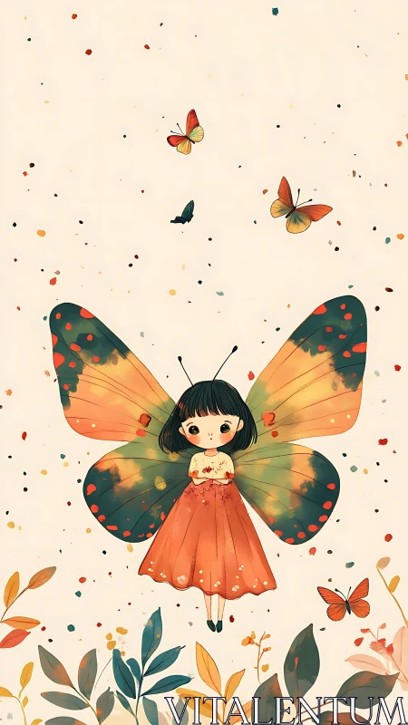 Butterfly-winged girl drifts amid autumn leaves and color.