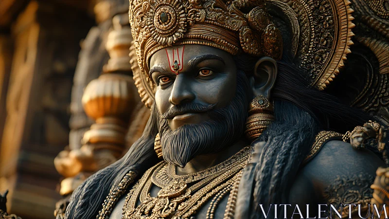 Regal stone deity crowned in molten gold and quiet fire.