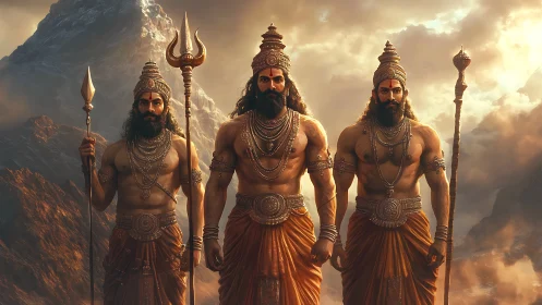 Mythic warrior trinity before stormlit mountain peak.