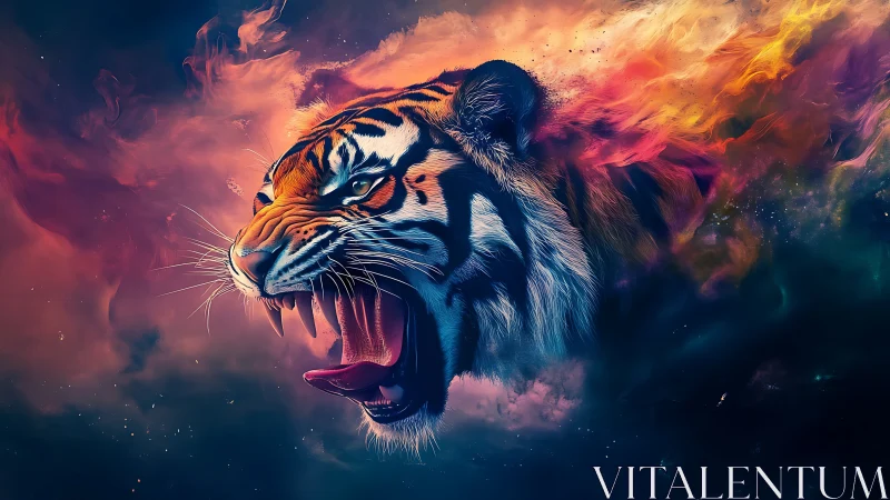 Roaring tiger head emerging from vivid nebula clouds.