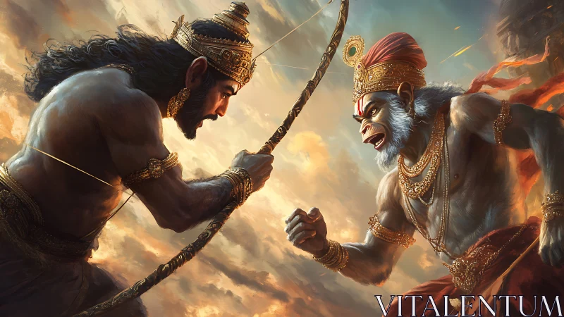 Epic standoff of warrior archer and divine monkey hero.