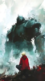 Red-hooded dreamer facing a mist-shrouded metal giant.