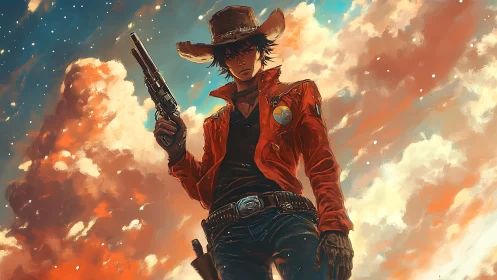 Stargun drifter under ember clouds of the painted frontier.