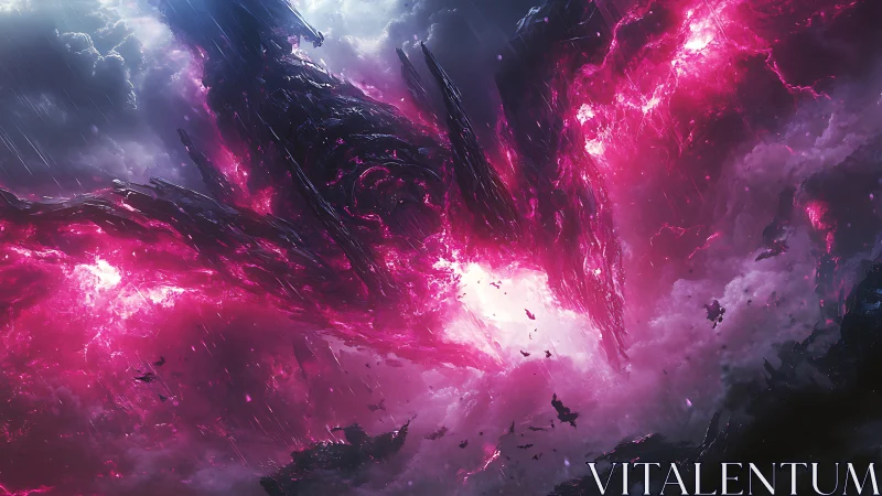 Vast dark structure splitting vivid pink storm clouds.