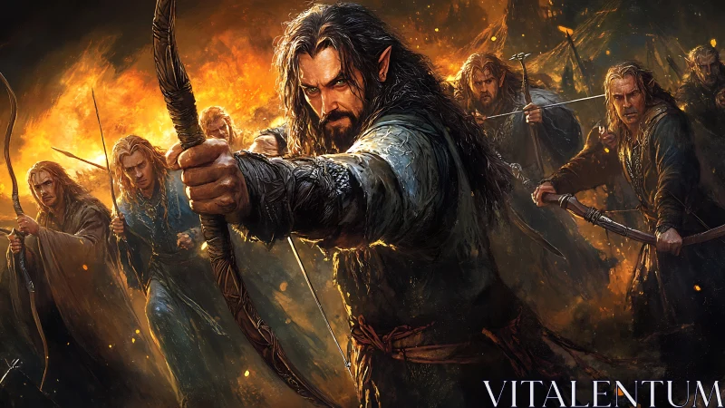 Elf archers advance through firelit battlefield at night.