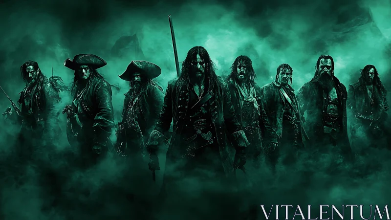 Cohesive pirate crew lineup in monochromatic teal atmospheric haze
