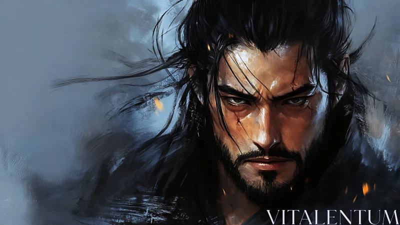 Digital painting portrait of grim warrior in dynamic brushwork.