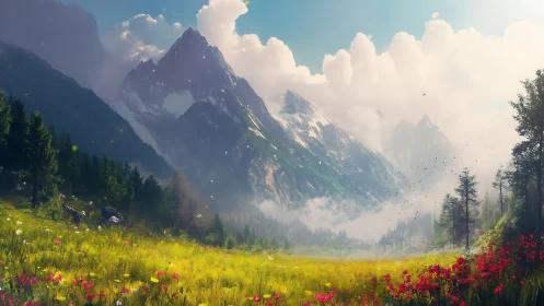 Sunlit alpine meadow before dramatic snowcapped peaks.