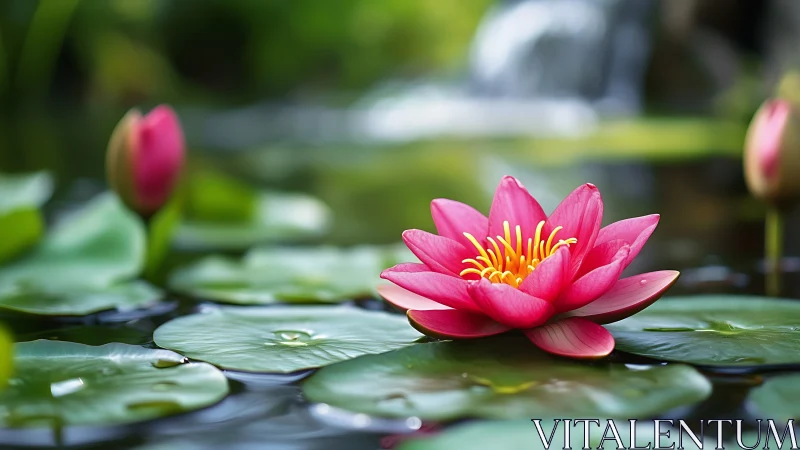 Pink Water Lily Floating in Garden Pond