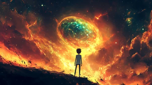 Silhouette observing luminous cosmic vortex in deep space.