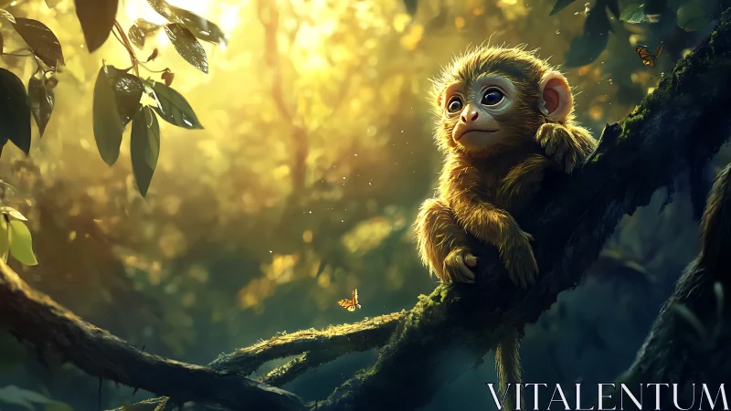 Juvenile monkey on mossy branch in sunlit rainforest clearing