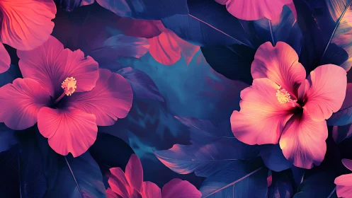 Hibiscus Flowers Against Deep Blue Foliage. Digital Rendering.