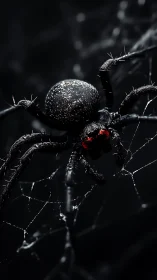 Specular macro study of black arachnid on tensile web matrix.