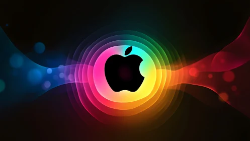 Iridescent radial waves encircle a silhouetted central emblem