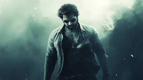 Brooding action hero strides through teal smoke storm.