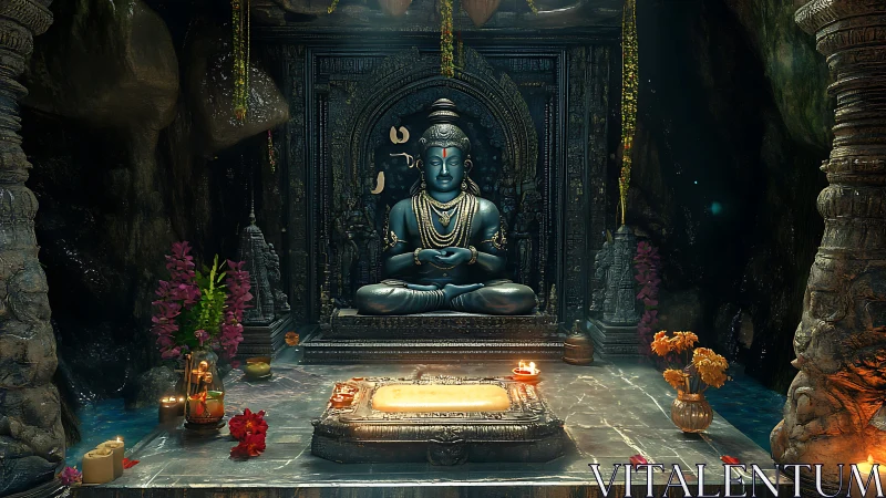 Blue stone deity statue anchors luminous cave shrine.
