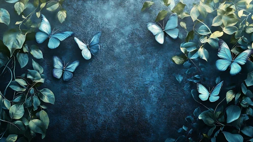 Blue butterflies and green leaves on textured background, digital art.
