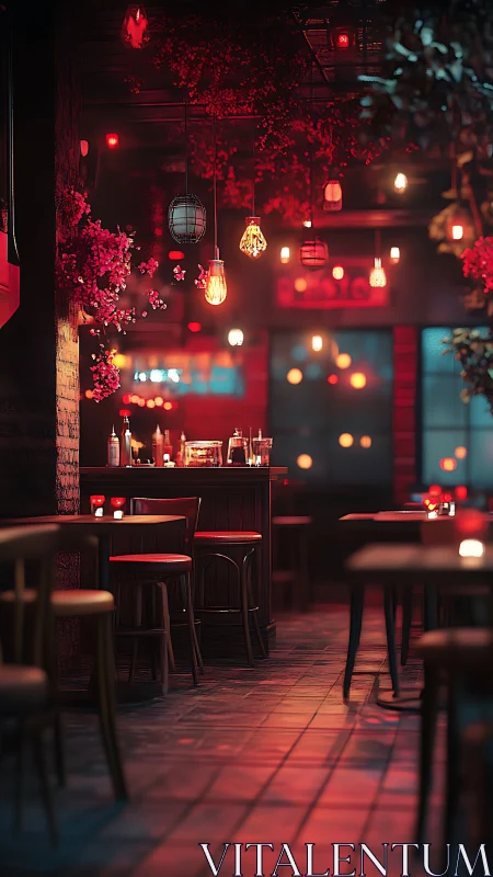 Soft red bar lights glow warmly above quiet evening tables