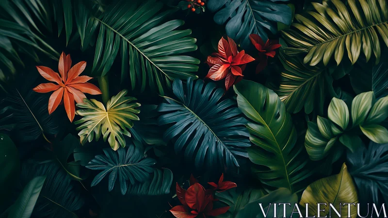 Tropical foliage array with saturated teal and vermilion leaves.