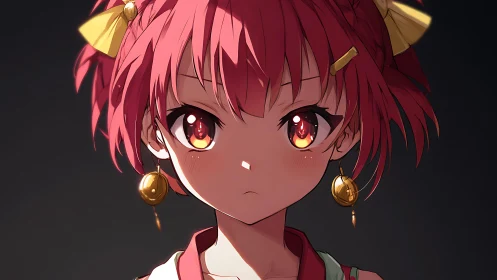 Fiery eyed anime girl stares ahead in soft dramatic light.