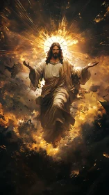 Radiant Christ ascending through blazing celestial clouds.